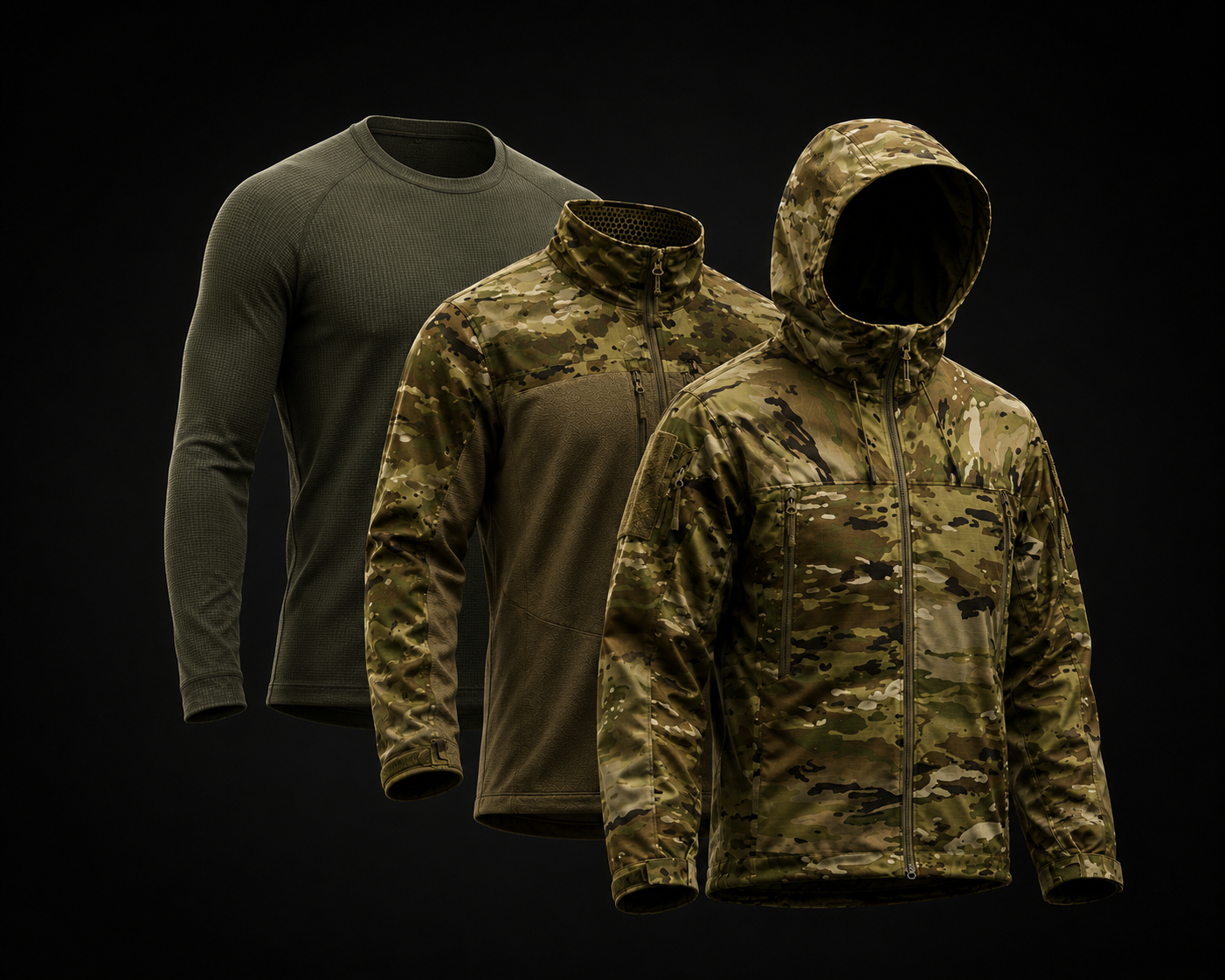 AWICS baselayer, midlayer softshell, and hard shell jacket layered together