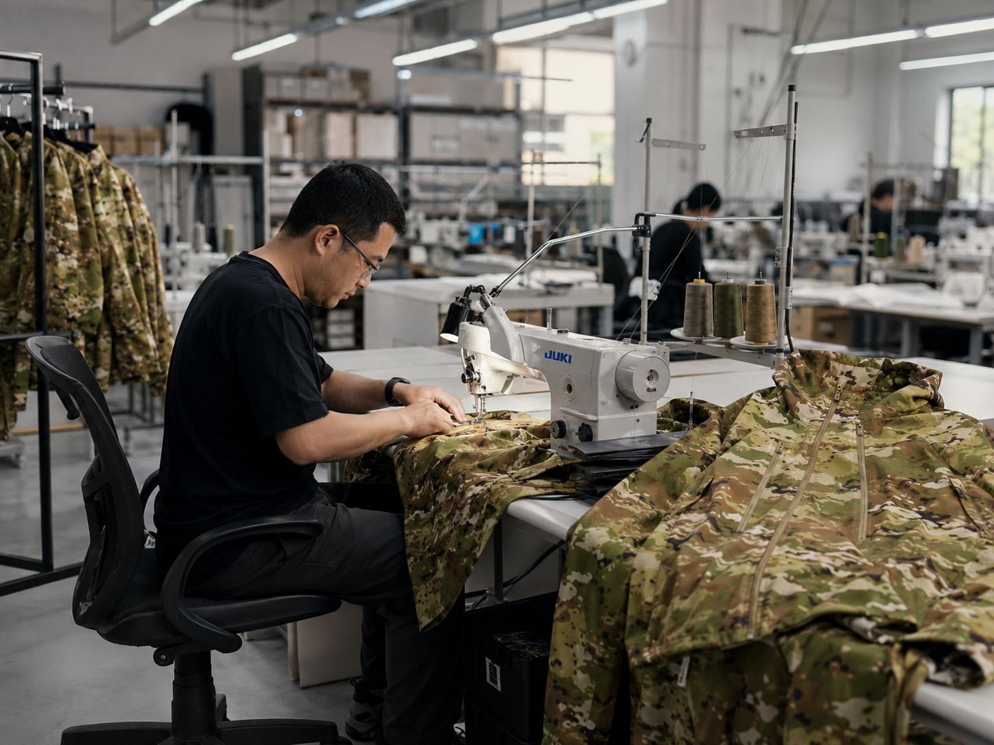 Bethel Industries technician sewing a Tropo softshell jacket on a JUKI machine on the New Jersey factory floor